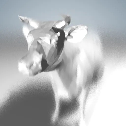 Close up of low-poly all-white cow with depth of field enabled.