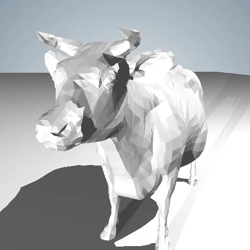 Close up of low-poly all-white cow.