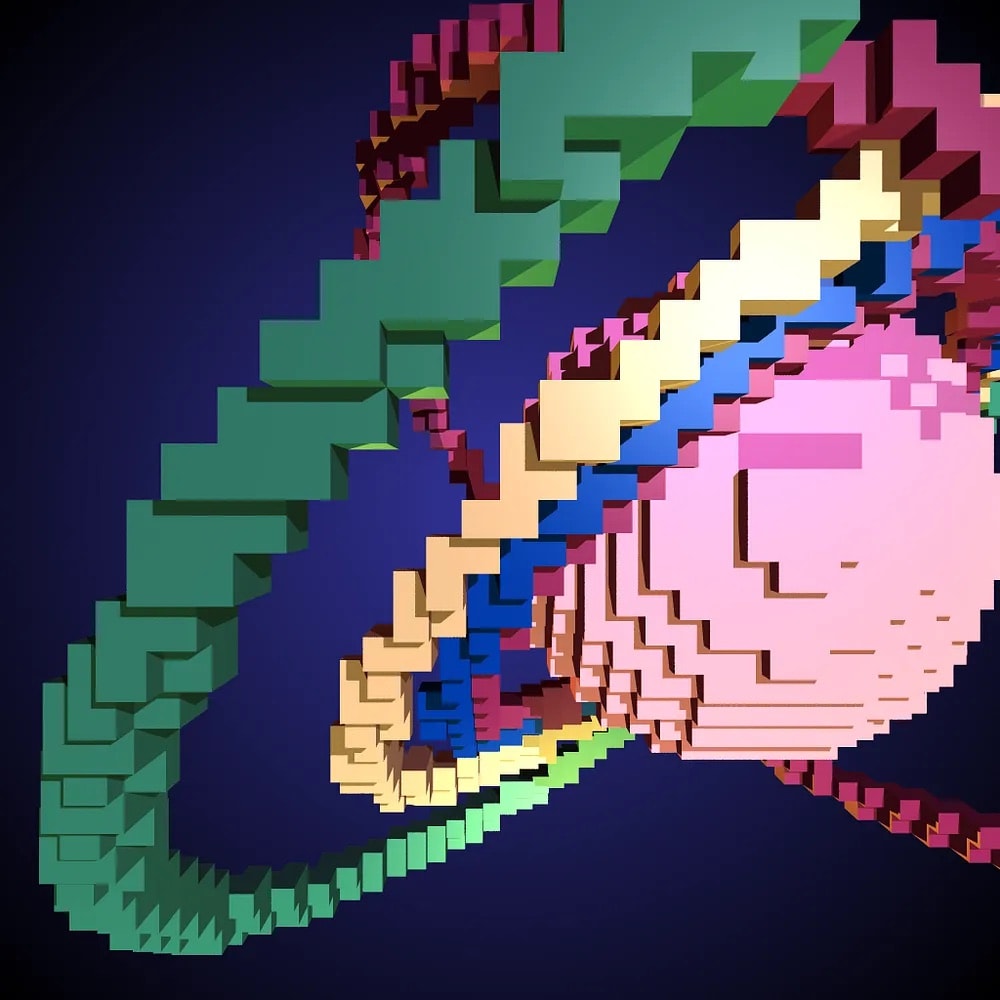 Rendered abstract sphere with orbiting rings, with voxeliation enabled.