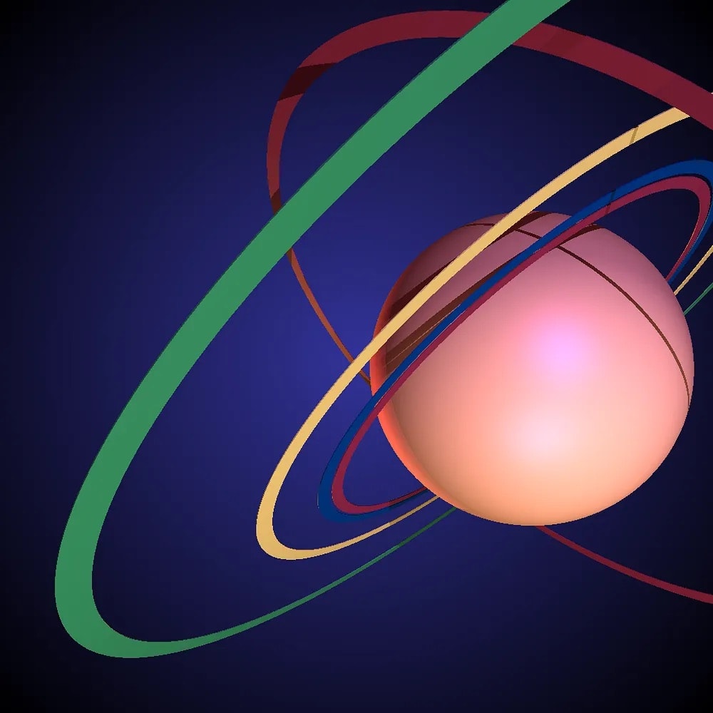 Rendered abstract sphere with orbiting rings.