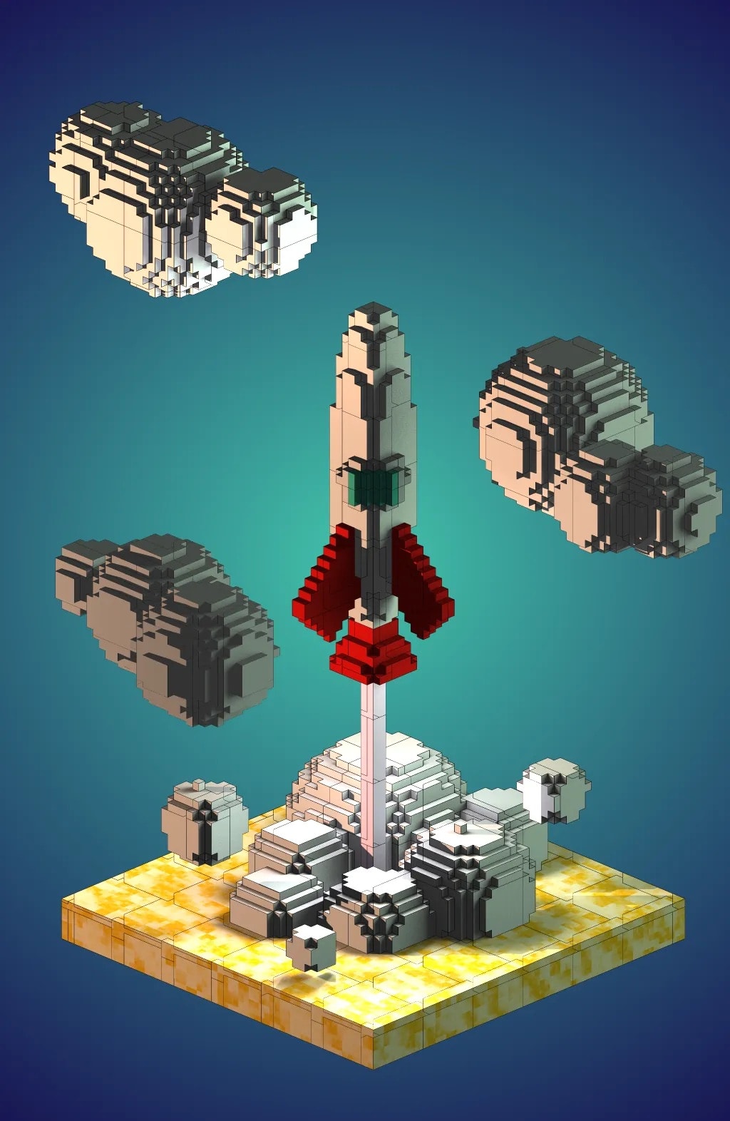 Rendered scene of voxelated rocket taking off