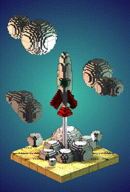 Rendered animation of voxelated rocket taking off