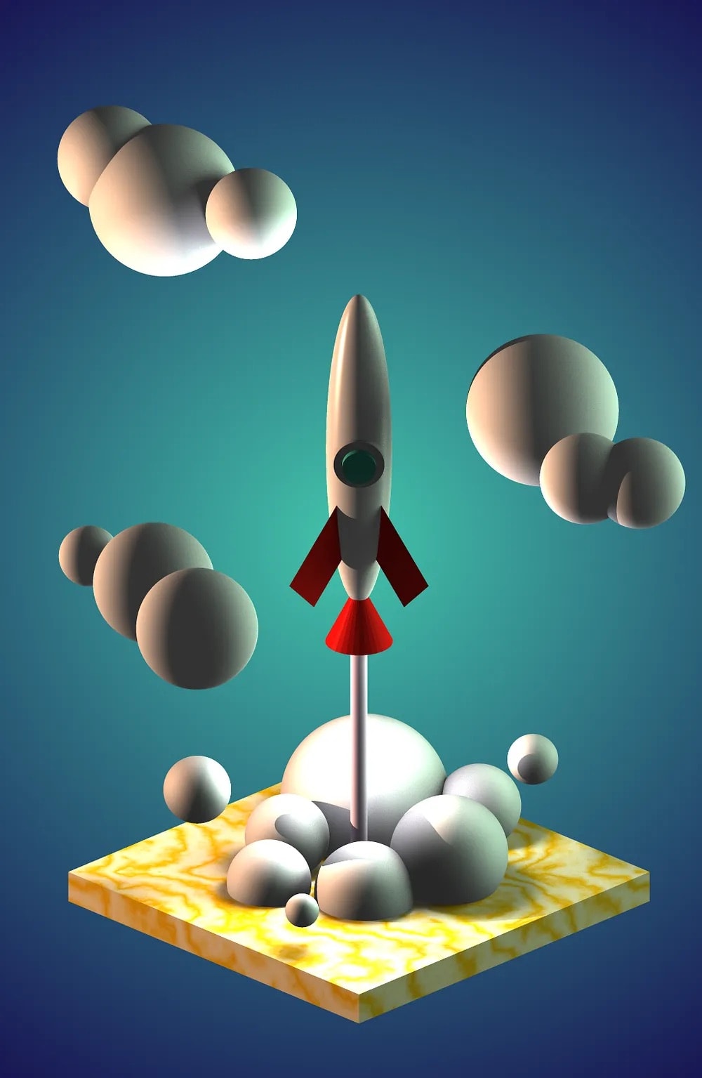 Rendered scene of rocket taking off.