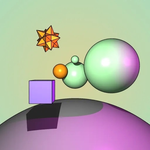 Rendered scene with various floating polygons where edges are outlined with feature lines.