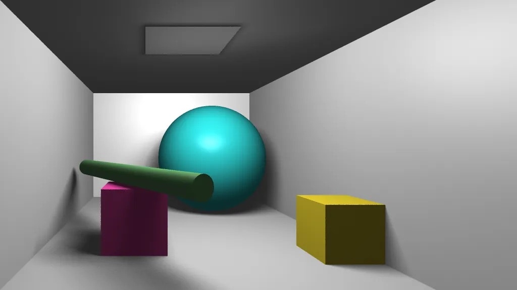 Rendered room with various solid objects with soft lighting.